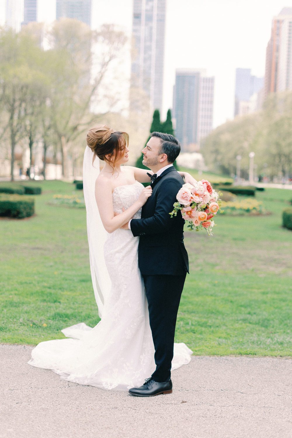 bride and groom in park