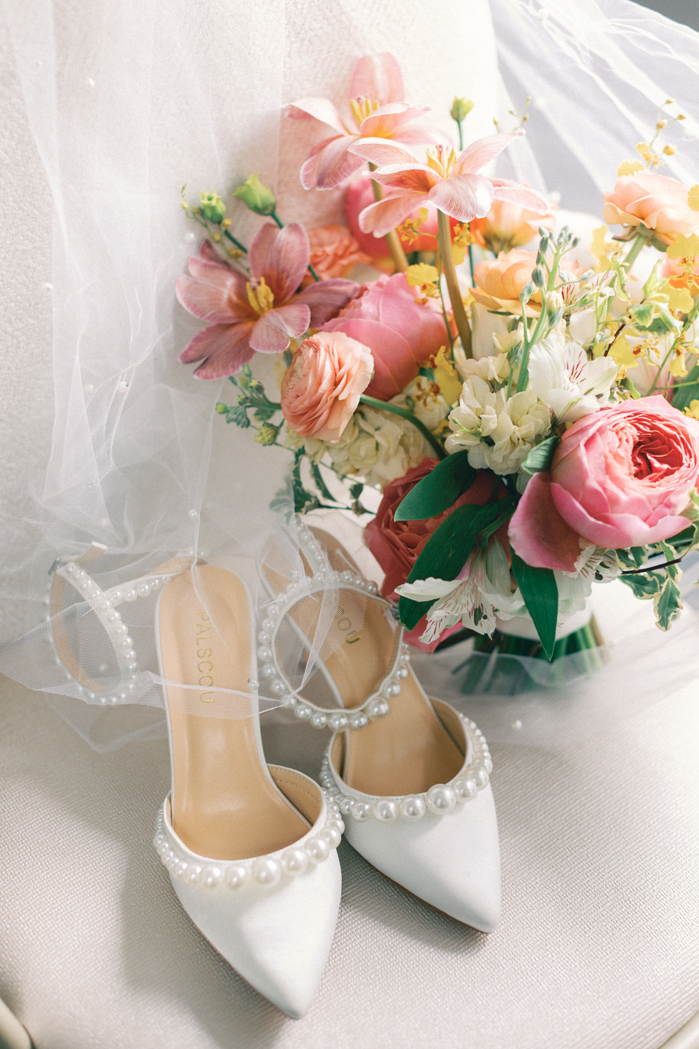 bride bouquet and shoes
