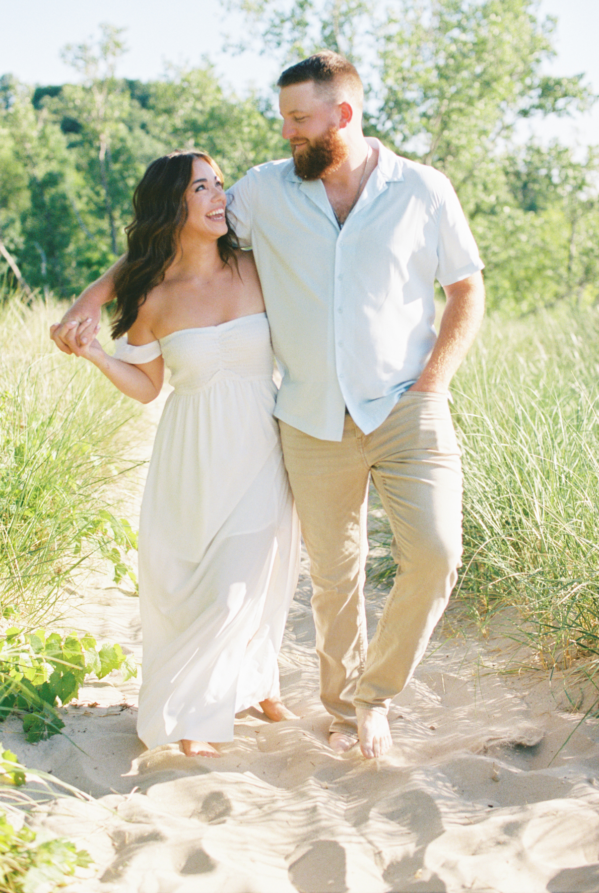 couple walking and laughing