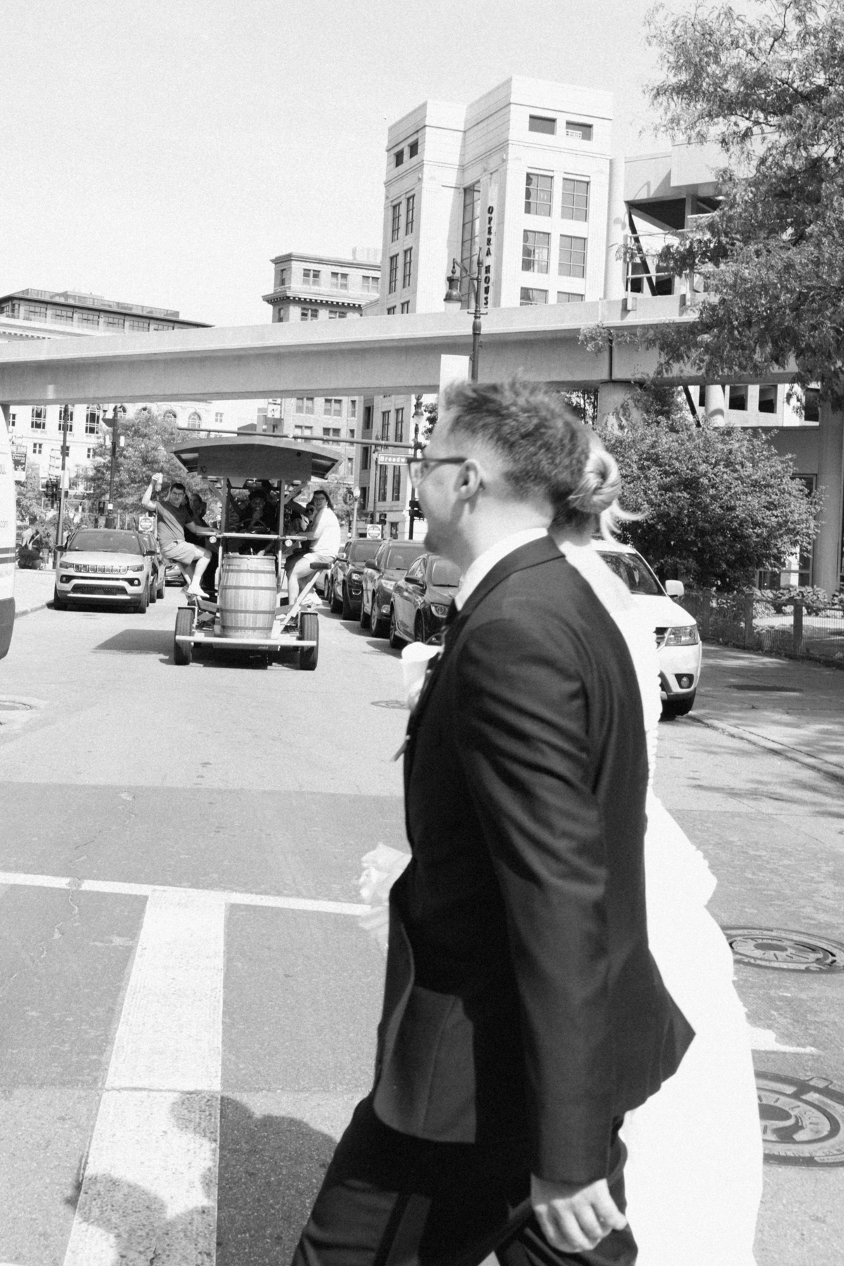 Bright and (groom) walking public street people cheering