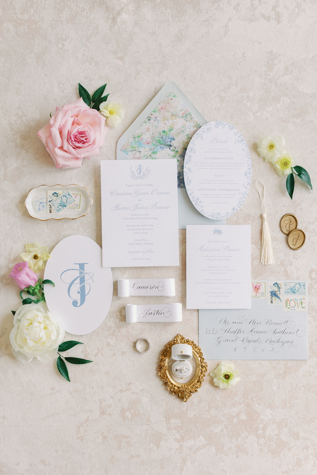 Invitation, suite, blush, pink, and blue