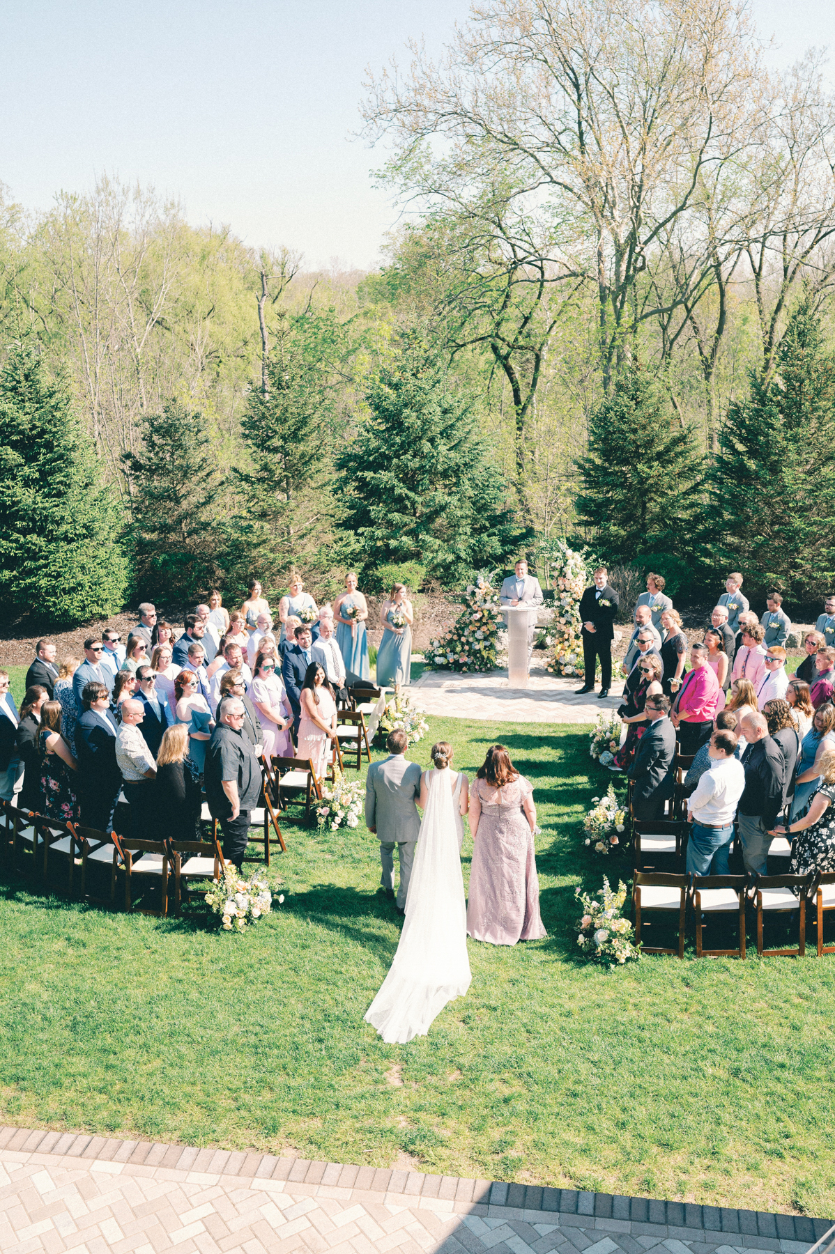 Ariel shot of bride walking down aisle