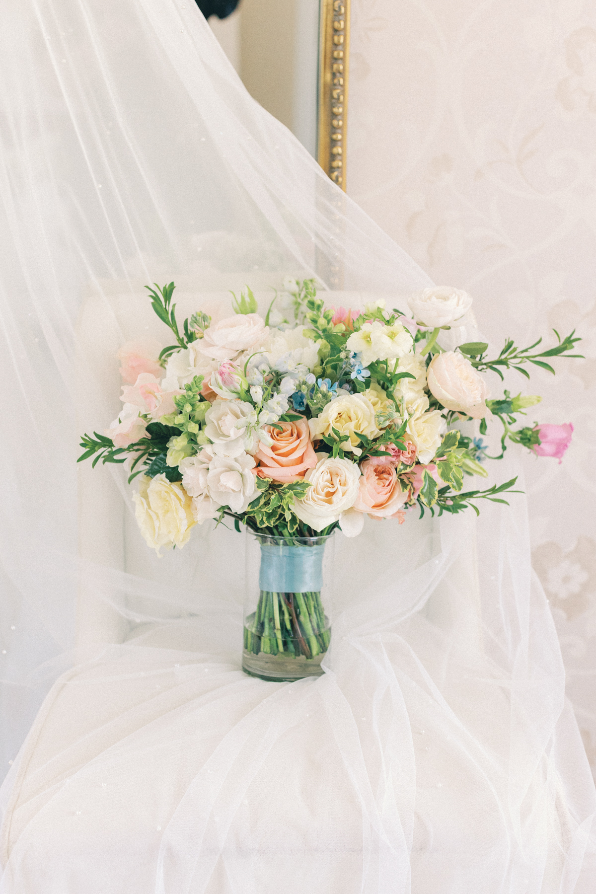 Wedding bouquet, blue orange pink white