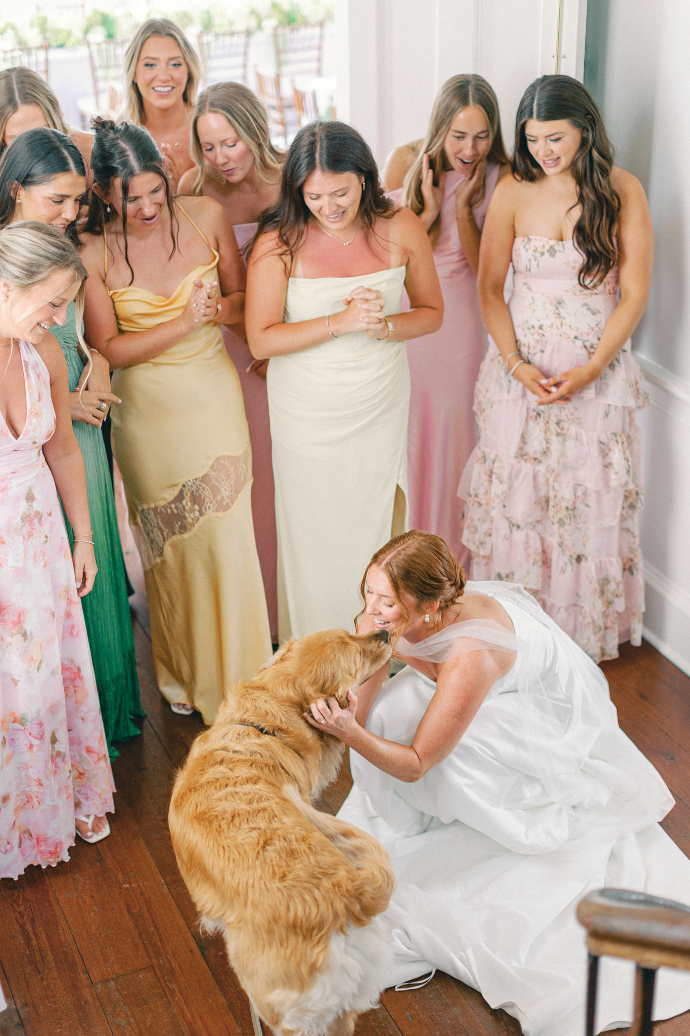 Bride kneeling to kiss a golden retriever while bridesmaids in pastel dresses look on, getting ready for a Charleston wedding