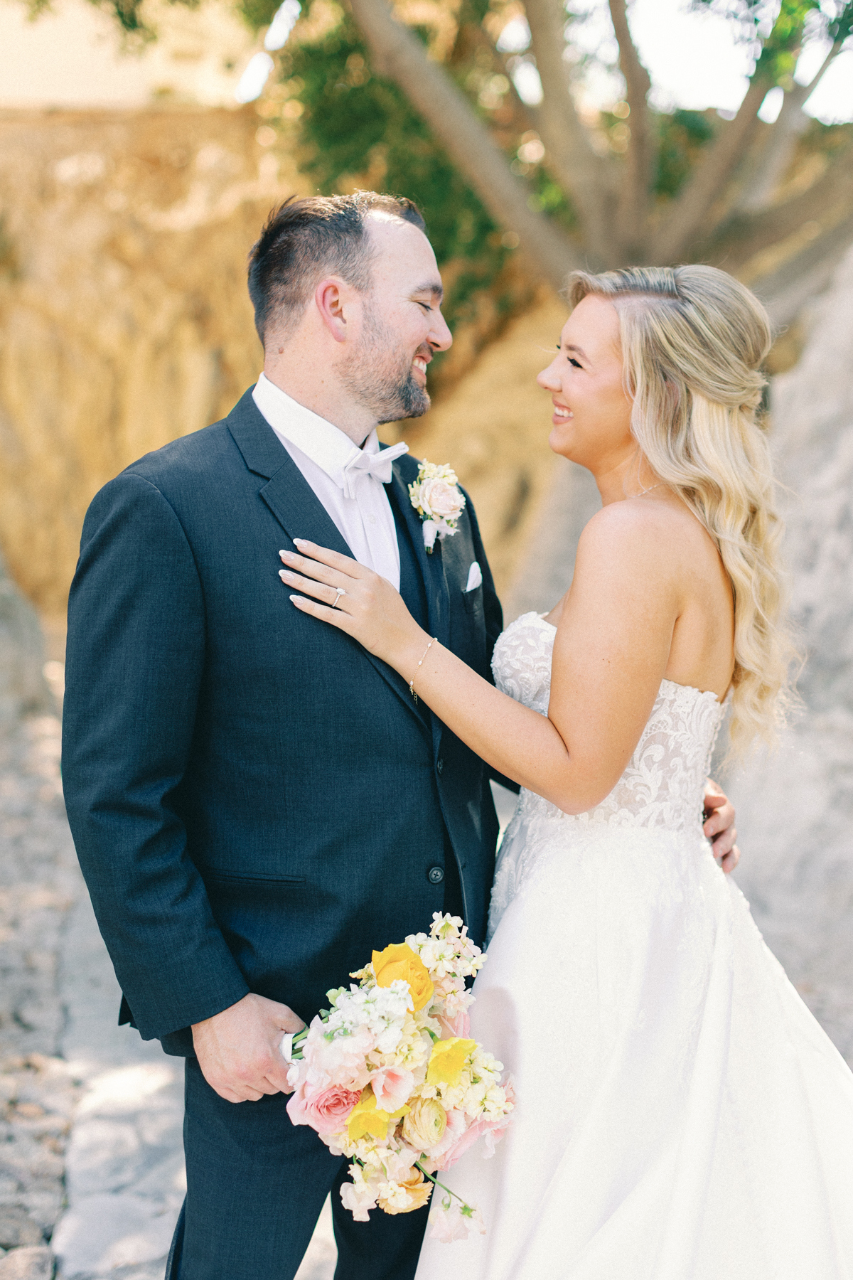 Bride and groom, looking at each other