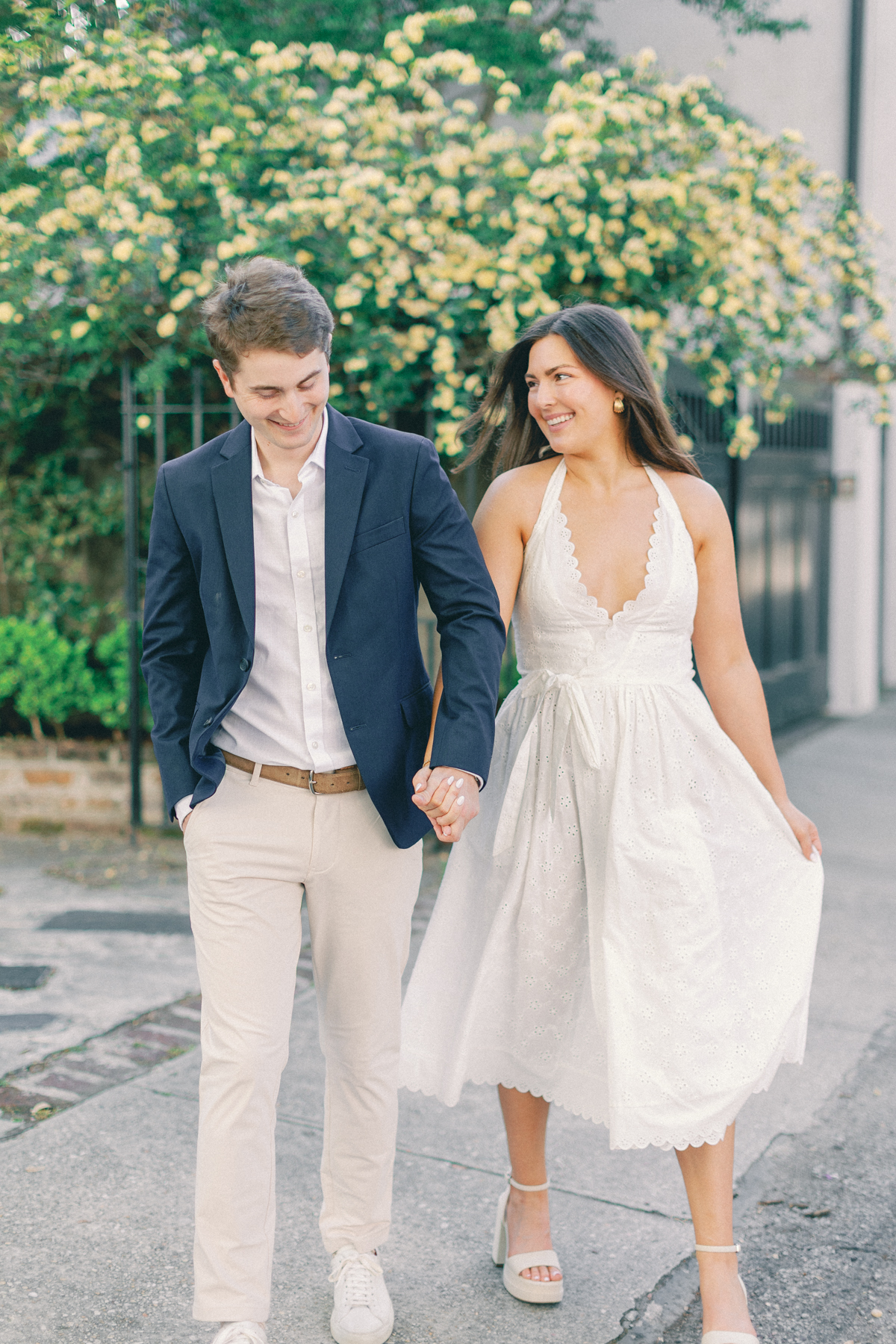 Couple walking and laughing